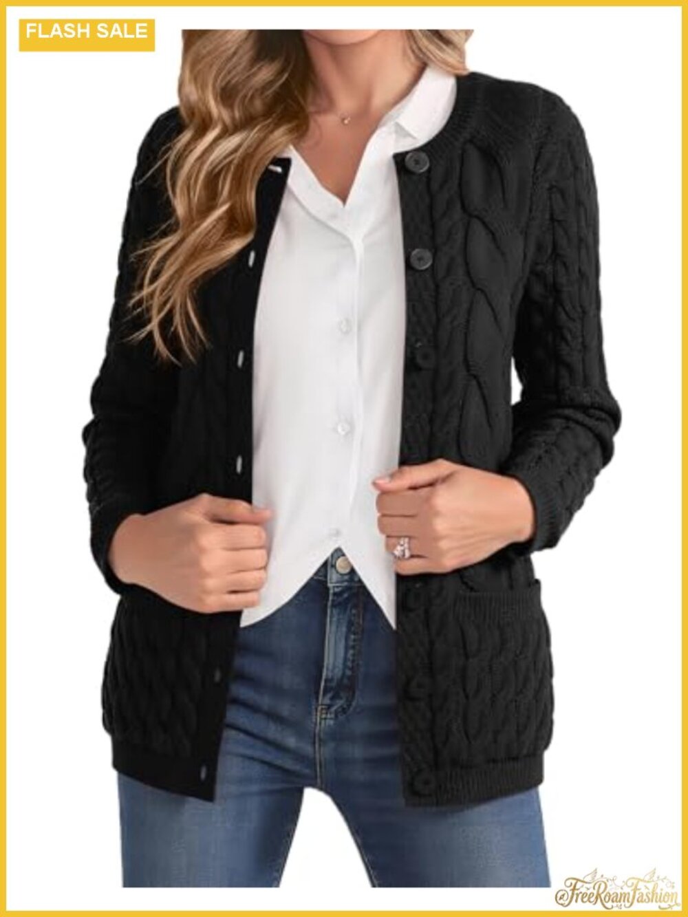 Cable Knit Cardigan Sweater Crew Neck Button Up Pocket Sweater Coat